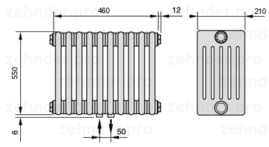 Схема (чертеж) Радиатор Zehnder Charleston 6055/10 №3470 Белый глянцевый RAL 9016